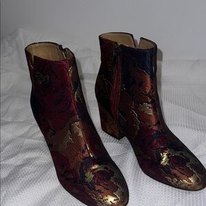 Franco Sarto Red and Gold Floral Ankle Boots